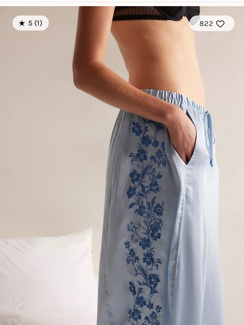 Free People Light Blue Wide-Leg Pajama Pants with Navy Floral Embroidery - Picture 2 of 7
